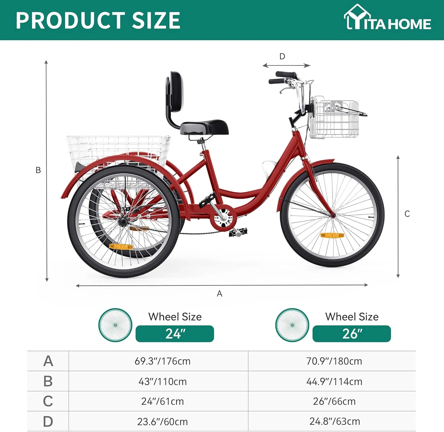 YITAHOME 24 & 26 Inch Adult Tricycle, 1 & 7 Speed 3 Wheel Bikes, Large Seat with Backrest Trike for Adults with Front & Rear Baskets, Cruiser Bike for Seniors Women Men Commute Picnic Outdoor