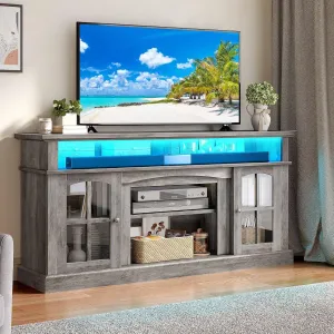 YITAHOME LED Farmhouse TV Stand for 75 Inch w/Outlets, Modern Entertainment Center with Glass Doors and Adjustable Storage Shelves, Media Console TV Cabinet for for Living Room, Grey