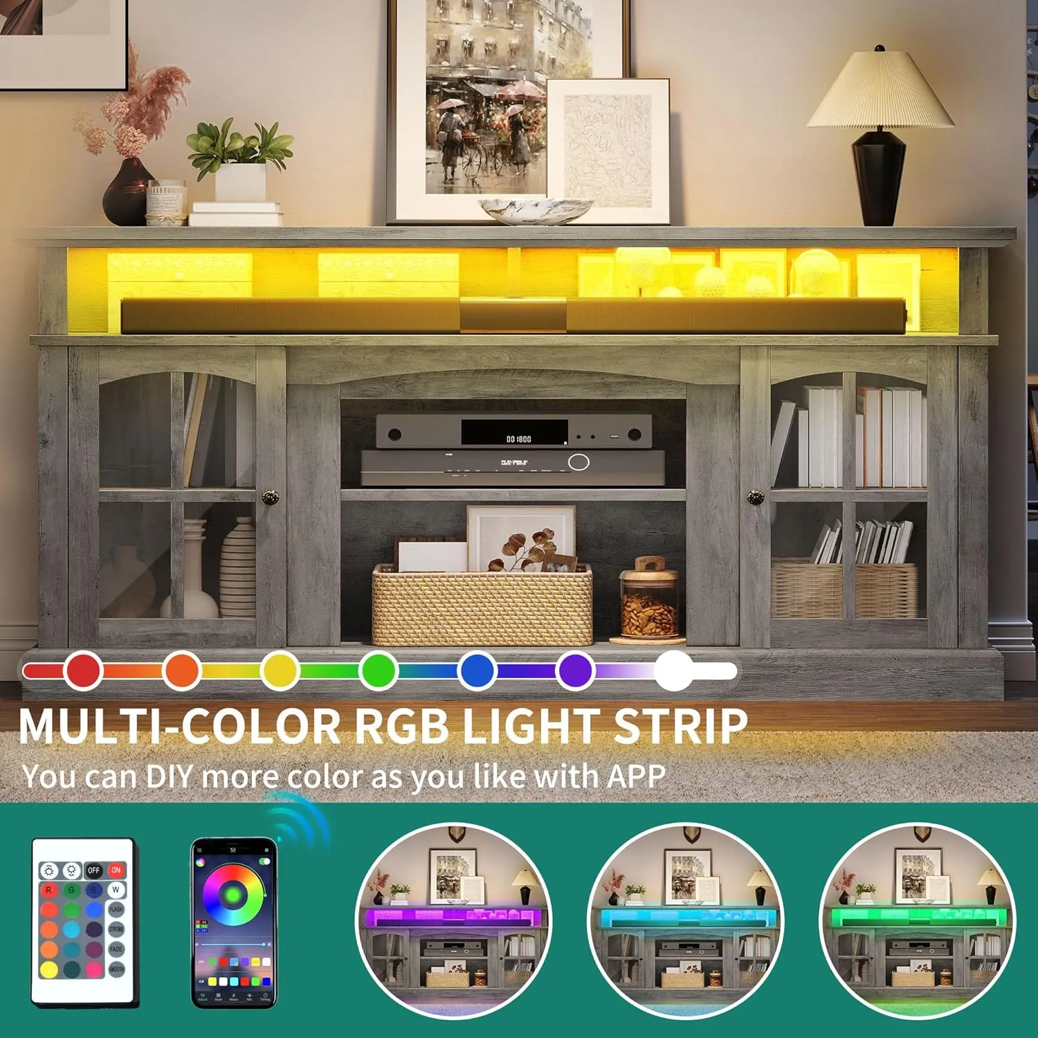YITAHOME LED Farmhouse TV Stand for 75 Inch w/Outlets, Modern Entertainment Center with Glass Doors and Adjustable Storage Shelves, Media Console TV Cabinet for for Living Room, Grey