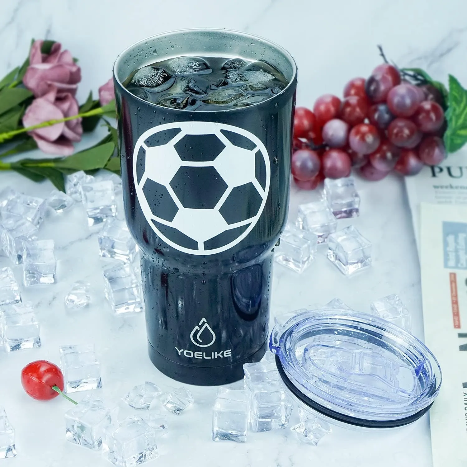 yoelike Soccer 30 oz tumbler with lid and straw, Stainless Steel, Vacuum Insulated Iced Coffee Tumbler Cup, Leak-Proof Travel Mug, Gift Box For Coach Fan Dad Mon Women Men