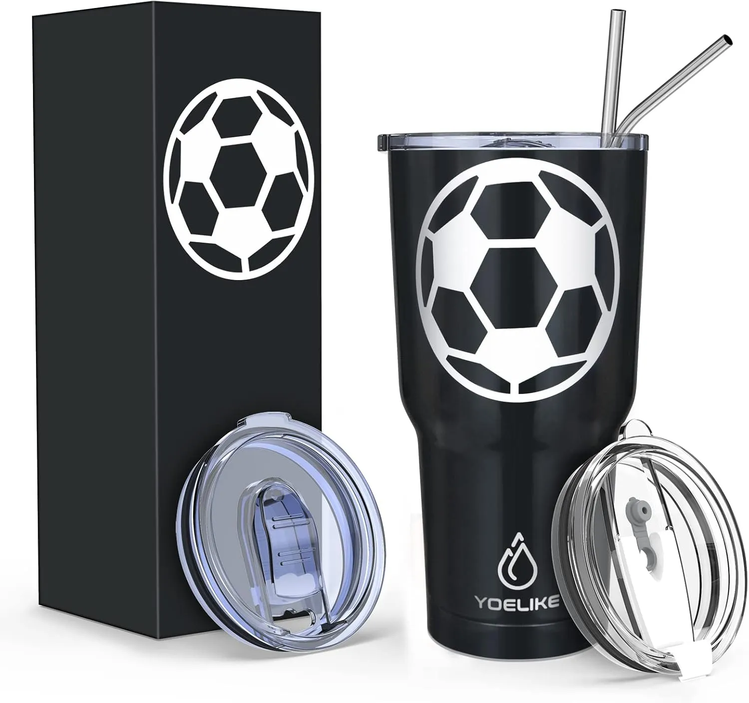 yoelike Soccer 30 oz tumbler with lid and straw, Stainless Steel, Vacuum Insulated Iced Coffee Tumbler Cup, Leak-Proof Travel Mug, Gift Box For Coach Fan Dad Mon Women Men