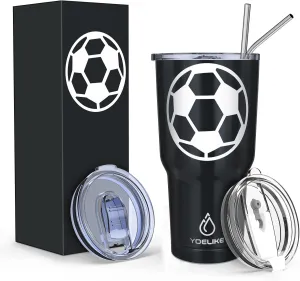 yoelike Soccer 30 oz tumbler with lid and straw, Stainless Steel, Vacuum Insulated Iced Coffee Tumbler Cup, Leak-Proof Travel Mug, Gift Box For Coach Fan Dad Mon Women Men