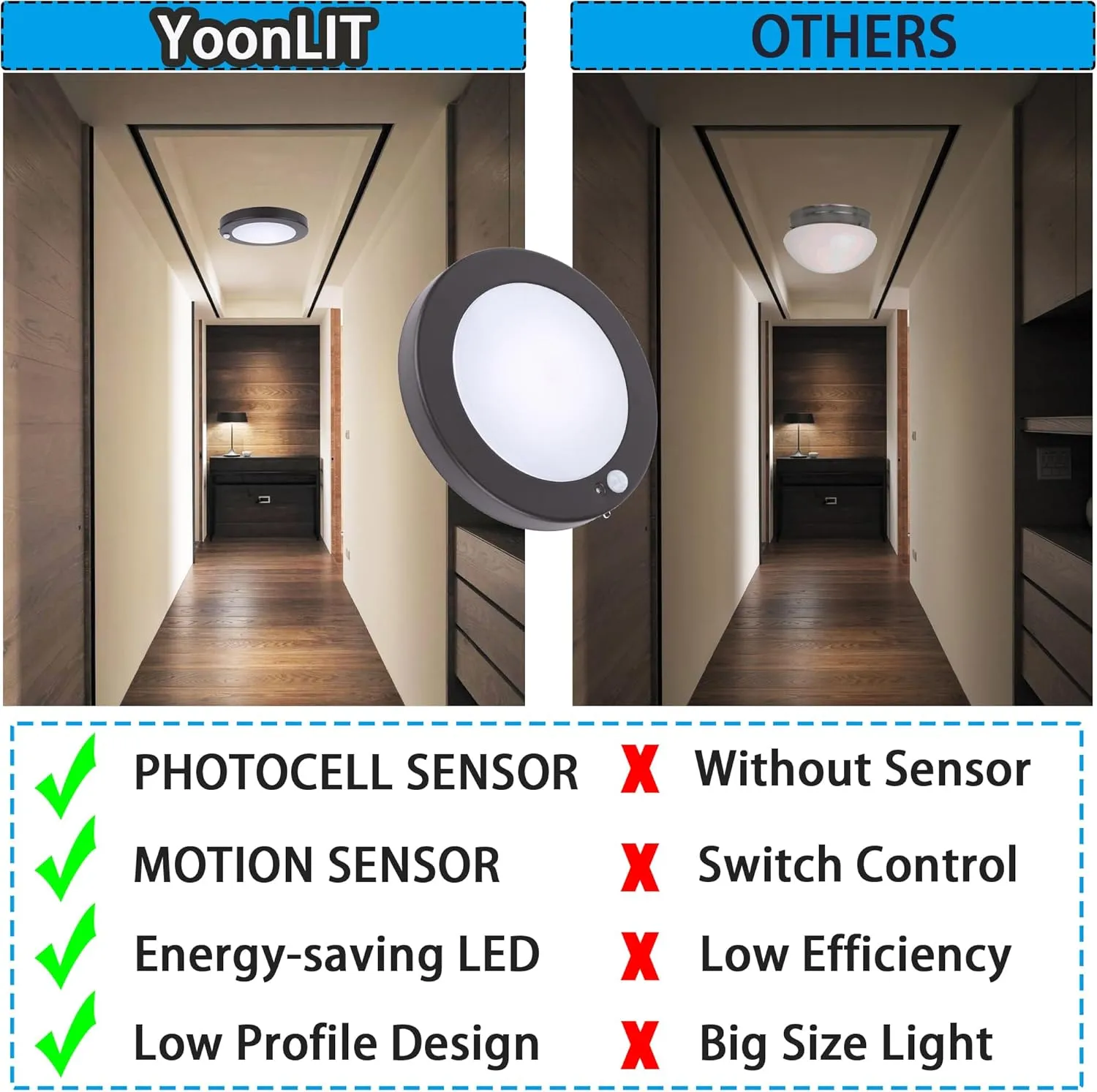 YoonLIT Flush Mount Motion Sensor LED Ceiling Light with Photocell Sensor, ON/Off Automatic for Stair, Porch, Closet, Basement, Hallway, Pantry, 6.2 Inch 10.5W 700 Lumen, Bronze Finish 3000K 4-Pack