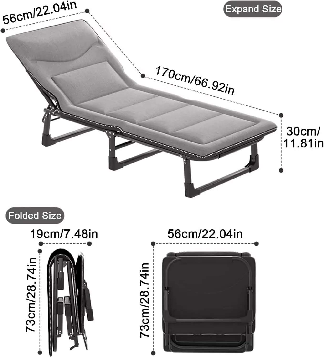 ZTGL Gray,170x56cm, Outdoor Folding Lounge Chair, Patio Chaise Lounges, Portable Camping Cot, Foldable Camping Cot, Adjustable Lounge Chair with Mattress, Sunbathing Lounge Chairs